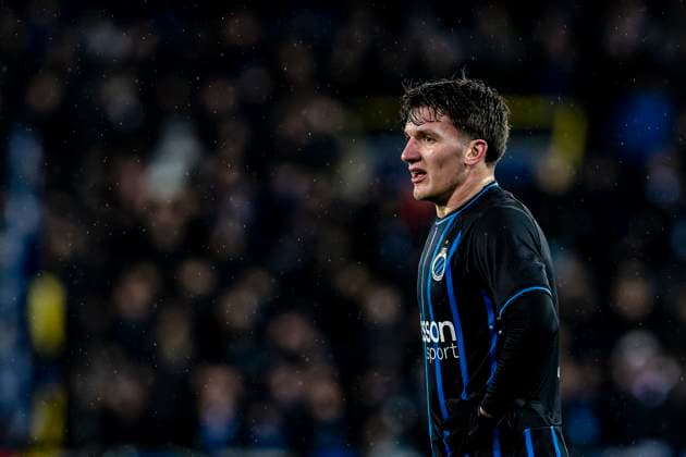 Club Brugge forwarder Christos Tzolis, during the match Club Brugge KV vs Atletico de Madrid at the Jan Breydelstadion for the Champions League KO play offs 1st leg season 2025 2026 in BRUGGE, Belgium on 18 february 2026 Photo by Stefan Koops EYE4IMAGES DeFodi Images