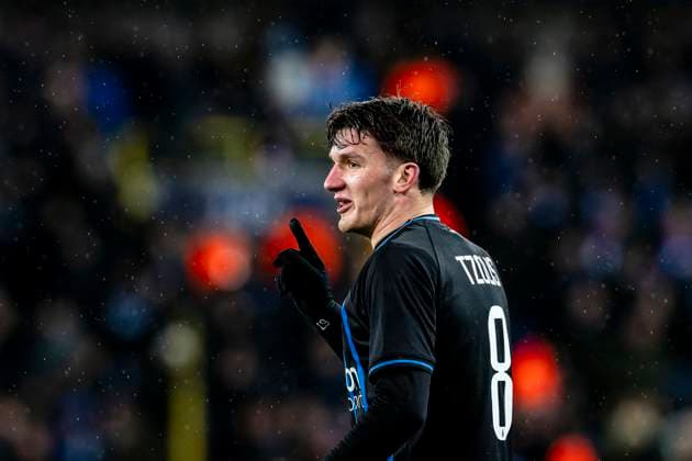 Club Brugge forwarder Christos Tzolis, during the match Club Brugge KV vs Atletico de Madrid at the Jan Breydelstadion for the Champions League KO play offs 1st leg season 2025 2026 in BRUGGE, Belgium on 18 february 2026 Photo by Stefan Koops EYE4IMAGES DeFodi Images