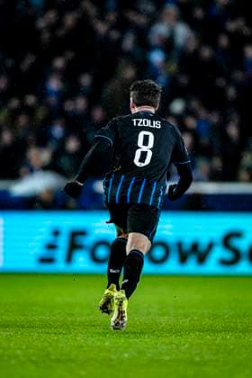 Club Brugge forwarder Christos Tzolis, during the match Club Brugge KV vs Atletico de Madrid at the Jan Breydelstadion for the Champions League KO play offs 1st leg season 2025 2026 in BRUGGE, Belgium on 18 february 2026 Photo by Stefan Koops EYE4IMAGES DeFodi Images