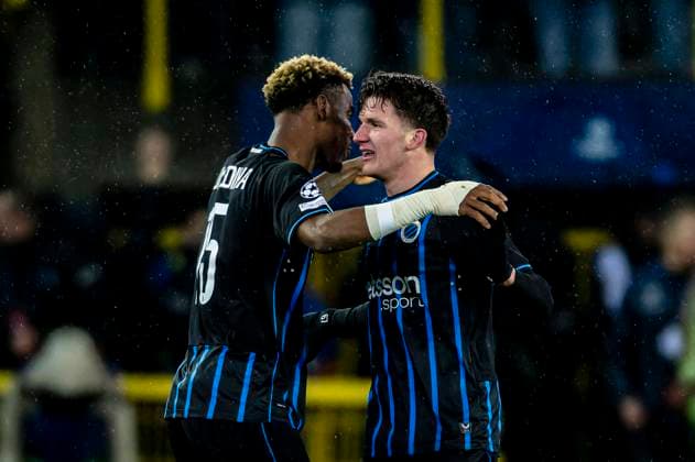Club Brugge midfielder Raphael Onyedika, Club Brugge forwarder Christos Tzolis, during the match Club Brugge KV vs Atletico de Madrid at the Jan Breydelstadion for the Champions League KO play offs 1st leg season 2025 2026 in BRUGGE, Belgium on 18 february 2026 Photo by Stefan Koops EYE4IMAGES DeFodi Images