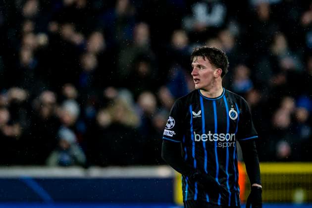 Club Brugge forwarder Christos Tzolis, during the match Club Brugge KV vs Atletico de Madrid at the Jan Breydelstadion for the Champions League KO play offs 1st leg season 2025 2026 in BRUGGE, Belgium on 18 february 2026 Photo by Stefan Koops EYE4IMAGES DeFodi Images