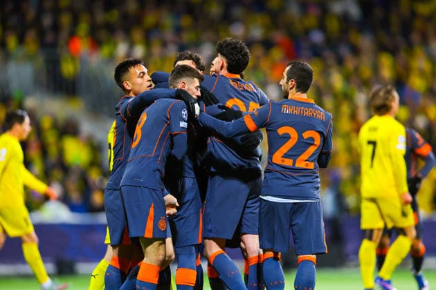 Football, Champions League 2025 2026 Bodo Glimt Inter Bodo 20260218 Inter players celebrate after scoring by Francesco Pio Esposito in the Champions League football match between Bodo Glimt and Inter at Aspmyra Stadium Photo Thomas Andersen NTB Bodo Norway EDITORIAL USE ONLY RESTRICTED USE FOR BETTING COMPANIES  Copyright: xThomasxAndersenx xNTBx