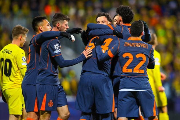 Football, Champions League 2025 2026 Bodo Glimt Inter 3 1 Bodo 20260218 Inter players celebrate after scoring by Francesco Pio Esposito in the Champions League football match between Bodo Glimt and Inter at Aspmyra Stadium Photo Thomas Andersen NTB Bodo Norway EDITORIAL USE ONLY RESTRICTED USE FOR BETTING COMPANIES  Copyright: xThomasxAndersenx xNTBx