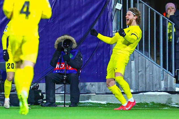 Football, Champions League 2025 2026 Bodo Glimt Inter Bodo 20260218 Bodo Glimt s Kasper Hogh celebrates after scoring Bodo Glimt s third goal in the Champions League football match between Bodo Glimt and Inter at Aspmyra Stadium Photo Mats Torbergsen NTB Bodo Norway EDITORIAL USE ONLY RESTRICTED USE FOR BETTING COMPANIES  Copyright: xMatsxTorbergsenx xNTBx