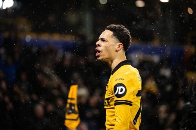 18th February 2026; Molineux Stadium, Wolverhampton, West Midlands, England; Premier League Football, Wolverhampton Wanderers versus Arsenal; Tom Edozie of Wolverhampton Wanderers celebrates after his shot caused the own goal by Riccardo Calafiori of Arsenal in the 4th minute of added time in the second half to make the score 2-2  GodfreyxPitt Content restricted for UK based newspaper