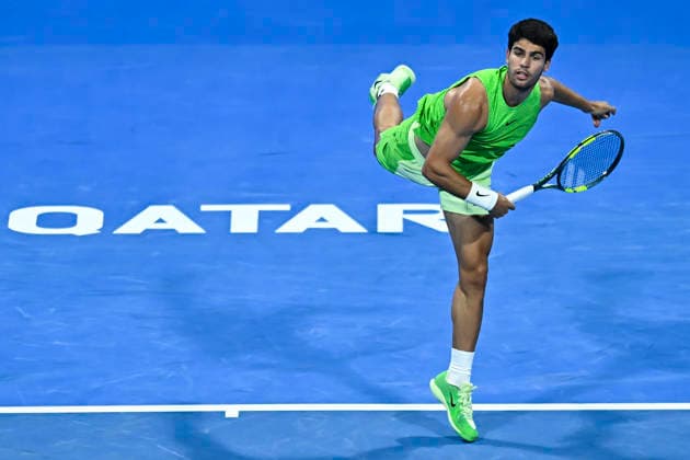 ATP, Tennis Herren QATAR EXXONMOBIL OPEN-ROUND OF 16 Carlos Alcaraz of Spain competes against Valentin Royer of France in the Round of 16 at the ATP men s Qatar ExxonMobil Open 2026 tennis tournament at the Khalifa International Tennis Complex in Doha, Qatar, on February 18 2026. DOHA Qatar Copyright: xNOUSHADx