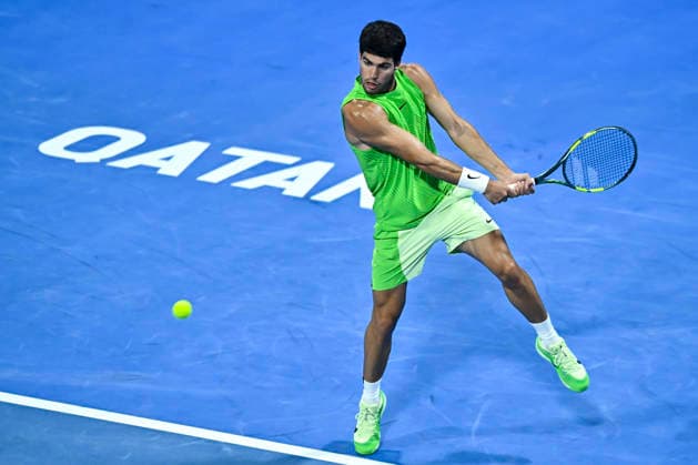 ATP, Tennis Herren QATAR EXXONMOBIL OPEN-ROUND OF 16 Carlos Alcaraz of Spain competes against Valentin Royer of France in the Round of 16 at the ATP men s Qatar ExxonMobil Open 2026 tennis tournament at the Khalifa International Tennis Complex in Doha, Qatar, on February 18 2026. DOHA Qatar Copyright: xNOUSHADx