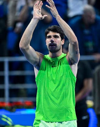 ATP, Tennis Herren QATAR EXXONMOBIL OPEN-ROUND OF 16 Carlos Alcaraz of Spain celebrates after winning against Valentin Royer of France in the Round of 16 at the ATP men s Qatar ExxonMobil Open 2026 tennis tournament at the Khalifa International Tennis Complex in Doha, Qatar, on February 18 2026. DOHA Qatar Copyright: xNOUSHADx