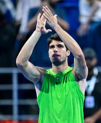ATP, Tennis Herren QATAR EXXONMOBIL OPEN-ROUND OF 16 Carlos Alcaraz of Spain celebrates after winning against Valentin Royer of France in the Round of 16 at the ATP men s Qatar ExxonMobil Open 2026 tennis tournament at the Khalifa International Tennis Complex in Doha, Qatar, on February 18 2026. DOHA Qatar Copyright: xNOUSHADx