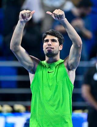 ATP, Tennis Herren QATAR EXXONMOBIL OPEN-ROUND OF 16 Carlos Alcaraz of Spain celebrates after winning against Valentin Royer of France in the Round of 16 at the ATP men s Qatar ExxonMobil Open 2026 tennis tournament at the Khalifa International Tennis Complex in Doha, Qatar, on February 18 2026. DOHA Qatar Copyright: xNOUSHADx