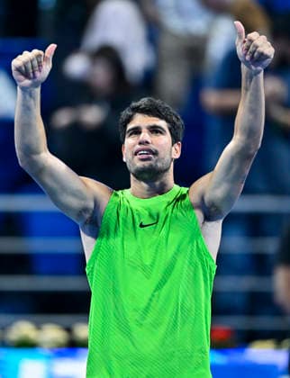 ATP, Tennis Herren QATAR EXXONMOBIL OPEN-ROUND OF 16 Carlos Alcaraz of Spain celebrates after winning against Valentin Royer of France in the Round of 16 at the ATP men s Qatar ExxonMobil Open 2026 tennis tournament at the Khalifa International Tennis Complex in Doha, Qatar, on February 18 2026. DOHA Qatar Copyright: xNOUSHADx
