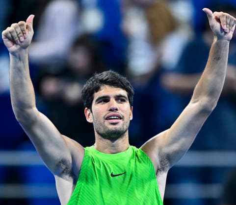 ATP, Tennis Herren QATAR EXXONMOBIL OPEN-ROUND OF 16 Carlos Alcaraz of Spain celebrates after winning against Valentin Royer of France in the Round of 16 at the ATP men s Qatar ExxonMobil Open 2026 tennis tournament at the Khalifa International Tennis Complex in Doha, Qatar, on February 18 2026. DOHA Qatar Copyright: xNOUSHADx