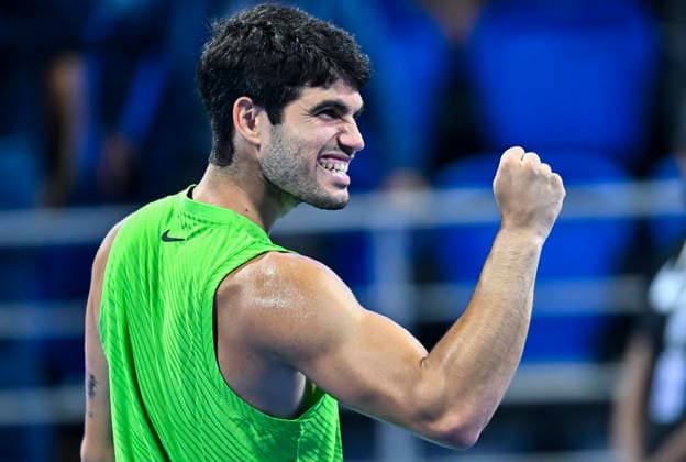 ATP, Tennis Herren QATAR EXXONMOBIL OPEN-ROUND OF 16 Carlos Alcaraz of Spain celebrates after winning against Valentin Royer of France in the Round of 16 at the ATP men s Qatar ExxonMobil Open 2026 tennis tournament at the Khalifa International Tennis Complex in Doha, Qatar, on February 18 2026. DOHA Qatar Copyright: xNOUSHADx