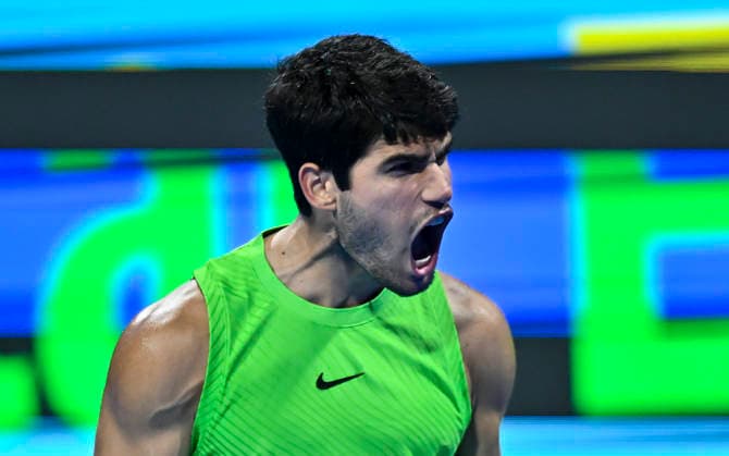 ATP, Tennis Herren QATAR EXXONMOBIL OPEN-ROUND OF 16 Carlos Alcaraz of Spain celebrates after winning against Valentin Royer of France in the Round of 16 at the ATP men s Qatar ExxonMobil Open 2026 tennis tournament at the Khalifa International Tennis Complex in Doha, Qatar, on February 18 2026. DOHA Qatar Copyright: xNOUSHADx