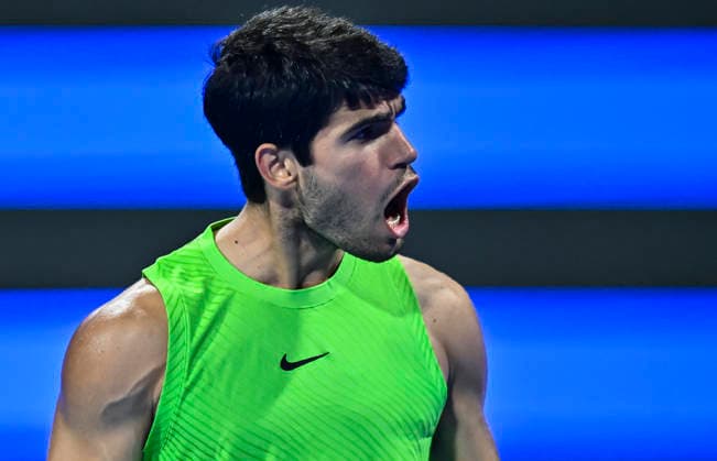 ATP, Tennis Herren QATAR EXXONMOBIL OPEN-ROUND OF 16 Carlos Alcaraz of Spain celebrates after winning against Valentin Royer of France in the Round of 16 at the ATP men s Qatar ExxonMobil Open 2026 tennis tournament at the Khalifa International Tennis Complex in Doha, Qatar, on February 18 2026. DOHA Qatar Copyright: xNOUSHADx
