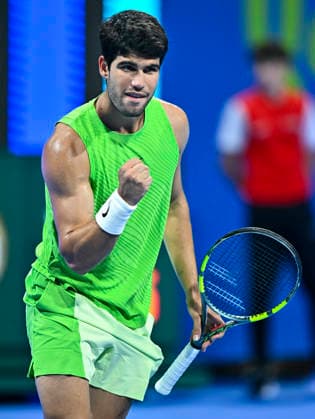 ATP, Tennis Herren QATAR EXXONMOBIL OPEN-ROUND OF 16 Carlos Alcaraz of Spain celebrates after winning against Valentin Royer of France in the Round of 16 at the ATP men s Qatar ExxonMobil Open 2026 tennis tournament at the Khalifa International Tennis Complex in Doha, Qatar, on February 18 2026. DOHA Qatar Copyright: xNOUSHADx