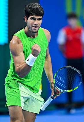 ATP, Tennis Herren QATAR EXXONMOBIL OPEN-ROUND OF 16 Carlos Alcaraz of Spain celebrates after winning against Valentin Royer of France in the Round of 16 at the ATP men s Qatar ExxonMobil Open 2026 tennis tournament at the Khalifa International Tennis Complex in Doha, Qatar, on February 18 2026. DOHA Qatar Copyright: xNOUSHADx
