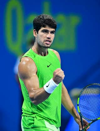ATP, Tennis Herren QATAR EXXONMOBIL OPEN-ROUND OF 16 Carlos Alcaraz of Spain celebrates after winning against Valentin Royer of France in the Round of 16 at the ATP men s Qatar ExxonMobil Open 2026 tennis tournament at the Khalifa International Tennis Complex in Doha, Qatar, on February 18 2026. DOHA Qatar Copyright: xNOUSHADx