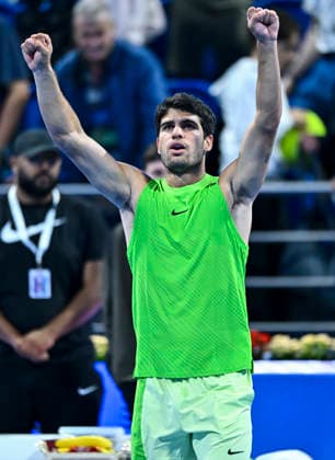 ATP, Tennis Herren QATAR EXXONMOBIL OPEN-ROUND OF 16 Carlos Alcaraz of Spain celebrates after winning against Valentin Royer of France in the Round of 16 at the ATP men s Qatar ExxonMobil Open 2026 tennis tournament at the Khalifa International Tennis Complex in Doha, Qatar, on February 18 2026. DOHA Qatar Copyright: xNOUSHADx