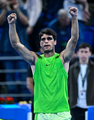 ATP, Tennis Herren QATAR EXXONMOBIL OPEN-ROUND OF 16 Carlos Alcaraz of Spain celebrates after winning against Valentin Royer of France in the Round of 16 at the ATP men s Qatar ExxonMobil Open 2026 tennis tournament at the Khalifa International Tennis Complex in Doha, Qatar, on February 18 2026. DOHA Qatar Copyright: xNOUSHADx