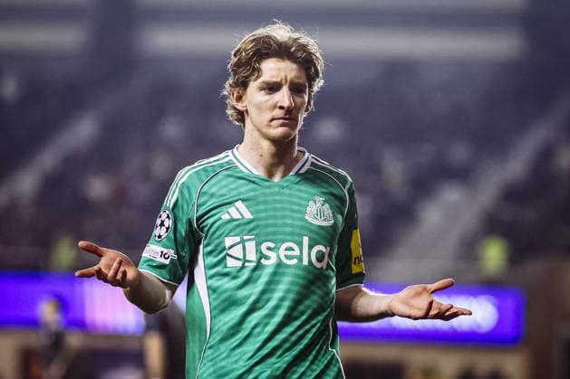 BAKU, AZERBAIJAN - FEBRUARY 18: Anthony Gordon of Newcastle United celebrates after scoring a goal during Champions League knockout phase play-off first leg football match between Qarabag and Newcastle United at the Tofiq Bahramov Republican Stadium in Baku on February 18, 2026. (Photo by Firudin Salimov Sports Press Photo)  Copyright: xFirudinxSalimov SportsxPressxPhox Sportspressphoto_SPR94395