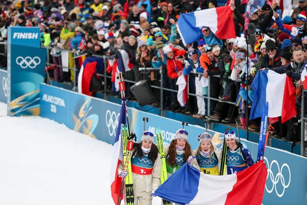 (260219) -- ANTERSELVA, Feb. 19, 2026 -- Team France celebrate after the biathlon women s 4x6km relay at the 2026 Milan-Cortina Winter Olympics in Anterselva, Italy, Feb. 18, 2026. ) (MICO2026)ITALY-ANTERSELVA-OLYMPIC Winter games, Winterspiele,Spiele, Summer games BIATHLON-WOMEN S 4x6KM RELAY ZhangxTao 