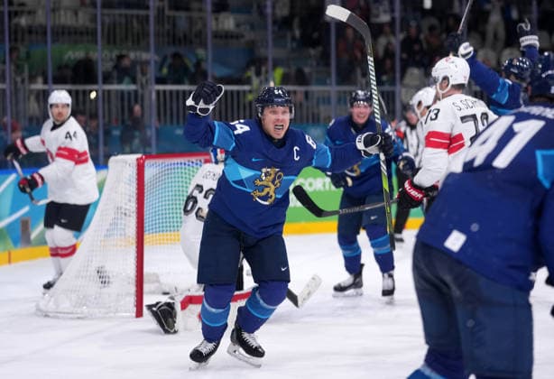 (260219) -- MILAN, Feb. 19, 2026 -- Finland s Mikael Granlund (C) celebrates a goal during the Ice hockey, Eishockey men s play-offs quarterfinal between Finland and Switzerland at the Milan-Cortina 2026 Olympic Winter games, Winterspiele,Spiele, Summer games in Milan, Italy, Feb. 18, 2026. ) (MICO2026)ITALY-MILAN-OLYMPIC WINTER GAMES-ICE HOCKEY-MEN-PLAY-OFFS QUARTERFINALS-FIN VS SUI TaoxXiyi 