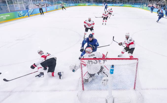 (260219) -- MILAN, Feb. 19, 2026 -- Players of both teams compete during the Ice hockey, Eishockey men s play-offs quarterfinal between Finland and Switzerland at the Milan-Cortina 2026 Olympic Winter games, Winterspiele,Spiele, Summer games in Milan, Italy, Feb. 18, 2026. ) (MICO2026)ITALY-MILAN-OLYMPIC WINTER GAMES-ICE HOCKEY-MEN-PLAY-OFFS QUARTERFINALS-FIN VS SUI SunxFei 