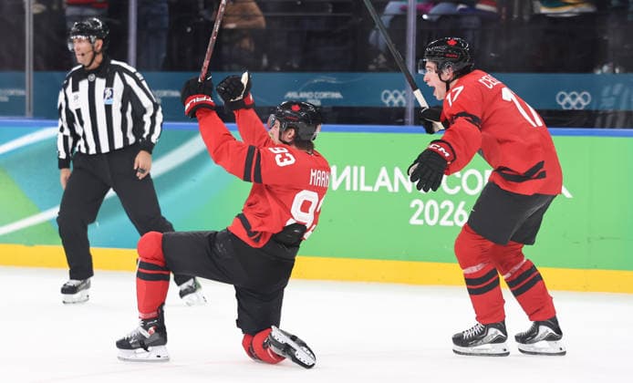 (260219) -- MILAN, Feb. 19, 2026 -- Mitch Marner (C) of Canada celebrates a goal during the Ice hockey, Eishockey men s play-offs quarterfinals match between Canada and the Czech Republic at the Milan-Cortina 2026 Olympic Winter games, Winterspiele,Spiele, Summer games in Milan, Italy, Feb. 18, 2026. ) (MICO2026)ITALY-MILAN-OLYMPIC WINTER GAMES-ICE HOCKEY-MEN-PLAY-OFFS QUARTERFINALS-CAN VS CZE WangxKaiyan 