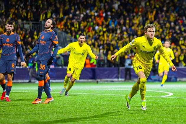 Football, Champions League 2025 2026 Bodoe Glimt Inter 3 1 Bodoe 20260218 Bodoe Glimts Jens Petter Hauge R reacts after scoring a goal in the Champions League football match between Bodoe Glimt and Inter at Aspmyra Stadium Photo Thomas Andersen NTB Bodoe Norway EDITORIAL USE ONLY RESTRICTED USE FOR BETTING COMPANIES  Copyright: xThomasxAndersenx xNTBx