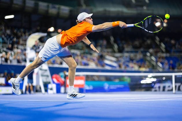 2026 Delray Beach Open - Day 3 Alex Michelsen of the USA reaches for a ball against Sebastian Korda of the USA during their match on Day 3 of the Delray Beach Open at the Delray Tennis Center in Delray Beach, Florida, on February 18, 2026. Delray Beach FL United States  Copyright: xMauricioxPaizx originalFilename:paiz-2026delr260218_nph5D.jpg