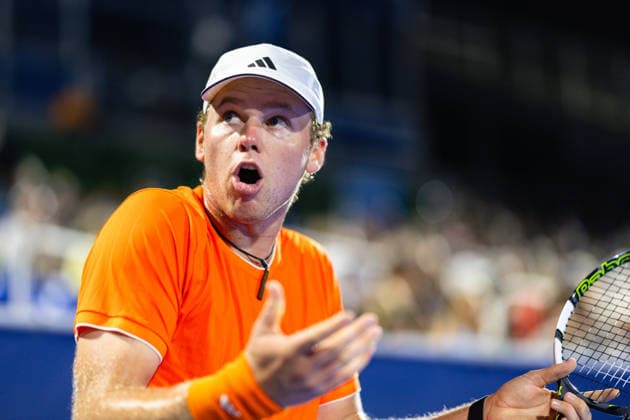 2026 Delray Beach Open - Day 3 Alex Michelsen of the USA reacts against Sebastian Korda of the USA during their match on Day 3 of the Delray Beach Open at the Delray Tennis Center in Delray Beach, Florida, on February 18, 2026. Delray Beach FL United States  Copyright: xMauricioxPaizx originalFilename:paiz-2026delr260218_np8Kg.jpg