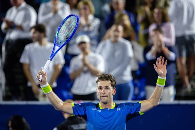 2026 Delray Beach Open - Day 3 Casper Ruud of Norway celebrates defeating Marcos Giron of the USA during their match on Day 3 of the Delray Beach Open at the Delray Tennis Center in Delray Beach, Florida, on February 18, 2026. Delray Beach FL United States  Copyright: xMauricioxPaizx originalFilename:paiz-2026delr260218_npCfr.jpg