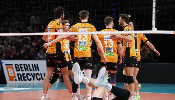 BR Volleys team celebrate a point win Sport Volleyball CEV Champions League Men Season 2025 2026 18 02 2026 BR Volleys Berlin BRV vs Sir Sicoma Monini Perugia