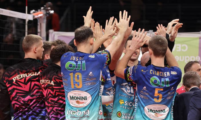 Team Perugia cheers after the end of the match Joy Emotion Cheers Sport Volleyball CEV Champions League Men Season 2025 2026 18 02 2026 BR Volleys Berlin BRV vs Sir Sicoma Monini Perugia