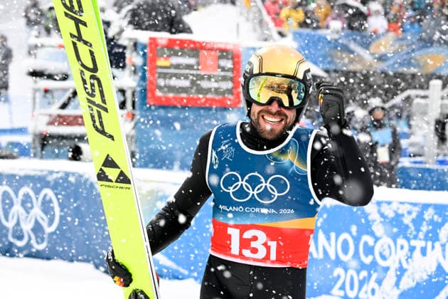 LKS 20260219 Johannes Rydzek of Germany reacts after his jump in the men s Nordic Combined Team Sprint Ski jumping, Skispringen, Ski, nordisch event at the Milano Cortina Winter Olympics at the Predazzo Ski Jumping Stadium on February 19, 2026. - MARKKU ULANDER Predazzo Italy 7XzTGwF1OL0  Copyright: xMarkkuxUlanderx 7XzTGwF1OL0