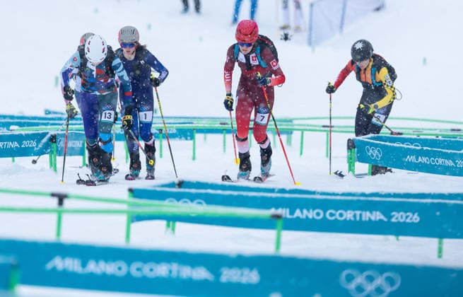 OLYMPICS - Winter Olympic Games, Olympische Spiele, Olympia, OS Milano Cortina 2026 BORMIO,ITALY,19.FEB.26 - OLYMPICS, SKI MOUNTAINEERING - Winter Olympic Games Milano Cortina 2026, sprint race. Image shows Rebeka Cully (SVK), Emily Harrop (FRA),Caroline Ulrich (SUI) and Tatjana Paller (GER).  GEPAxpictures xHaraldxSteiner