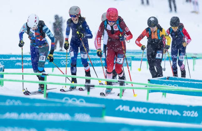 OLYMPICS - Winter Olympic Games, Olympische Spiele, Olympia, OS Milano Cortina 2026 BORMIO,ITALY,19.FEB.26 - OLYMPICS, SKI MOUNTAINEERING - Winter Olympic Games Milano Cortina 2026, sprint race. Image shows Rebeka Cully (SVK), Emily Harrop (FRA), Caroline Ulrich (SUI), Tatjana Paller (GER) and Anna Gibson (USA).  GEPAxpictures xHaraldxSteiner