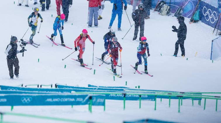 OLYMPICS - Winter Olympic Games, Olympische Spiele, Olympia, OS Milano Cortina 2026 iBORMIO,ITALY,19.FEB.26 - OLYMPICS, SKI MOUNTAINEERING - Winter Olympic Games Milano Cortina 2026, sprint race. Image shows Lara Hamilton (AUS), Alba de Silvestro (ITA), Johanna Hiemer (AUT), Margot Ravinel (FRA), Marianne Fatton (SUI) and Marianna Jagercikova (SVK).  GEPAxpictures xHaraldxSteiner