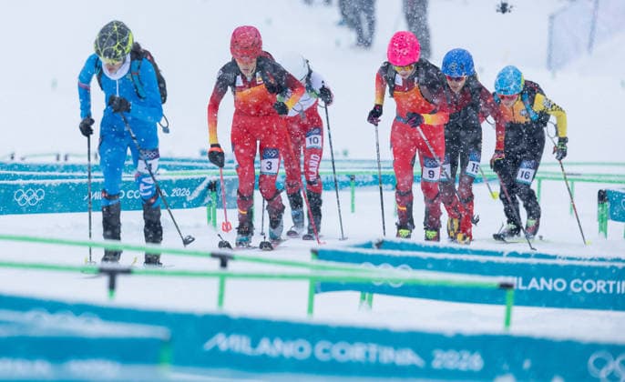 OLYMPICS - Winter Olympic Games, Olympische Spiele, Olympia, OS Milano Cortina 2026 BORMIO,ITALY,19.FEB.26 - OLYMPICS, SKI MOUNTAINEERING - Winter Olympic Games Milano Cortina 2026, sprint race. Image shows Giulia Murada (ITA), Ana Alonso Rodriguez (ESP), Iwona Januszyk (POL), Maria Costa Diez (ESP), Yuzhen Cidan (CHN) and Helena Euringer (GER).  GEPAxpictures xHaraldxSteiner