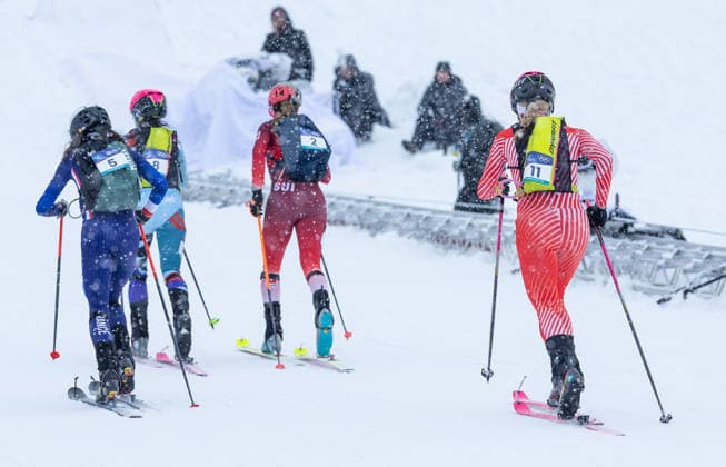 OLYMPICS - Winter Olympic Games, Olympische Spiele, Olympia, OS Milano Cortina 2026 BORMIO,ITALY,19.FEB.26 - OLYMPICS, SKI MOUNTAINEERING - Winter Olympic Games Milano Cortina 2026, sprint race. Image shows Margot Ravinel (FRA), Marianna Jagercikova (SVK), Marianne Fatton (SUI) and Johanna Hiemer (AUT).  GEPAxpictures xHaraldxSteiner