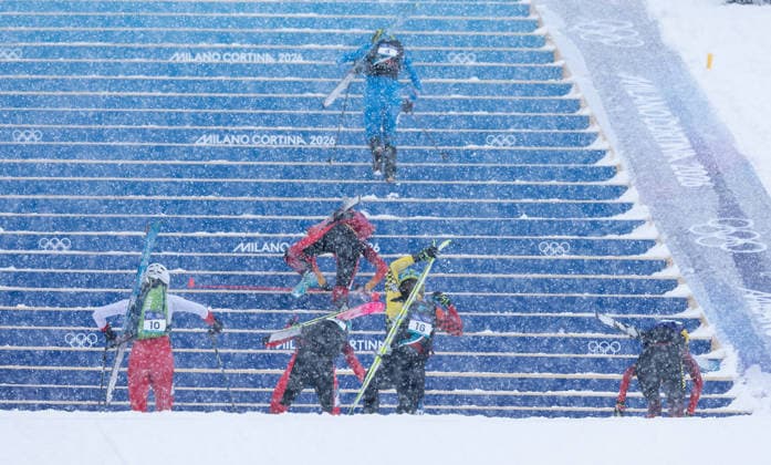 OLYMPICS - Winter Olympic Games, Olympische Spiele, Olympia, OS Milano Cortina 2026 iiBORMIO,ITALY,19.FEB.26 - OLYMPICS, SKI MOUNTAINEERING - Winter Olympic Games Milano Cortina 2026, sprint race. Image shows Iwona Januszyk (POL), Maria Costa Diez (ESP), Helena Euringer (GER), Ana Alonso Rodriguez (ESP) and Giulia Murada (ITA).  GEPAxpictures xHaraldxSteiner