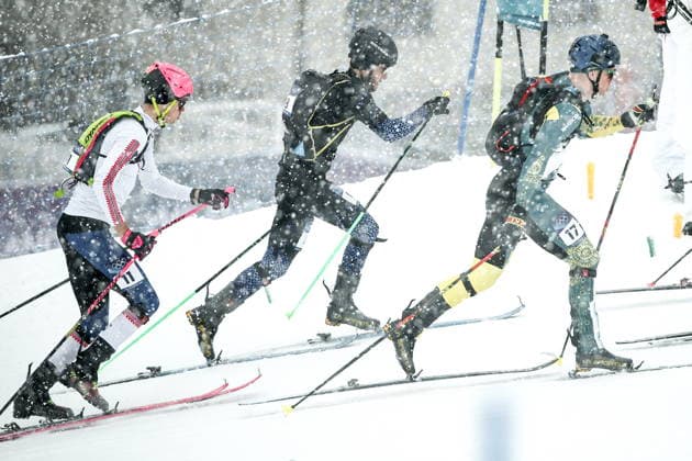 ITALY, LOMBARDY - FEBRUARY 19, 2026: Trym Dalset Lodoen of Norway, Nikita Filippov of Russia and Phillip Bellingham (L-R) of Australia compete in the men s ski mountaineering sprint heats during the 2026 Winter Olympic Games, Olympische Spiele, Olympia, OS on the Stelvio slope of the Bormio Ski Resort in Bormio, Province of Sondrio 2026 Winter Olympics: Ski Mountaineering  - ZUMAt113 20260219_zaa_t113_097 Copyright: xMikhailxTereshchenkox