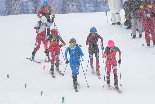 Skiers compete in the first heat of the Ski Mountaineering Women s Sprint at the Milano Cortina 2026 Winter Olympic Games, Olympische Spiele, Olympia, OS in Bormio, Italy, on Thursday, February 19, 2026.  OLY20260219803 BOBxSTRONG