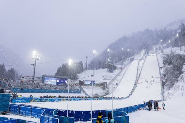 PREDAZZO, ITALY - FEBRUARY 19: Predazzo Ski Jump Arena during snow fall during the Nordic Combined Team Sprint at the Milano Cortina 2026 Olympics at Predazzo Ski jumping, Skispringen, Ski, nordisch Stadium on day 13 of the Milano Cortina 2026 Olympics on February 19, 2026 in Predazzo, Italy. Editorial use only. Italy Copyright: xSteffiexWunderlx