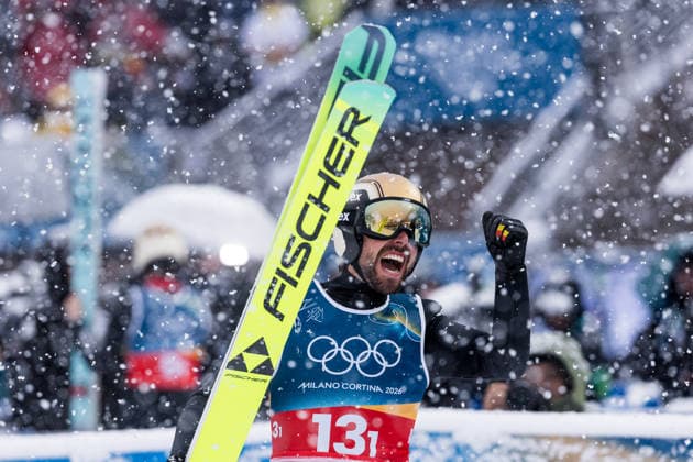 PREDAZZO, ITALY - FEBRUARY 19: Johannes Rydzek (Germany) cheers during the Nordic Combined Team Sprint at the Milano Cortina 2026 Olympics at Predazzo Ski jumping, Skispringen, Ski, nordisch Stadium on day 13 of the Milano Cortina 2026 Olympics on February 19, 2026 in Predazzo, Italy. Editorial use only. Italy Copyright: xSteffiexWunderlx