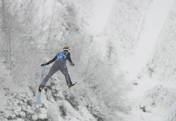 (260219) -- PREDAZZO, Feb. 19, 2026 -- Vinzenz Geiger of Germany competes during the Ski jumping, Skispringen, Ski, nordisch competition round of the nordic combined team sprint at the 2026 Milan-Cortina Winter Olympics in Predazzo, Italy, Feb. 19, 2026. ) (MICO2026)ITALY-PREDAZZO-OLYMPIC Winter games, Winterspiele,Spiele, Summer games NORDIC COMBINED-TEAM SPRINT MengxYongmin 