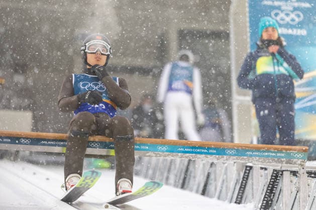 (260219) -- PREDAZZO, Feb. 19, 2026 -- Zhao Jiawen of China is seen during the Ski jumping, Skispringen, Ski, nordisch trial round of the nordic combined team sprint at the 2026 Milan-Cortina Winter Olympics in Predazzo, Italy, Feb. 19, 2026. ) (MICO2026)ITALY-PREDAZZO-OLYMPIC Winter games, Winterspiele,Spiele, Summer games NORDIC COMBINED-TEAM SPRINT HuangxWei 