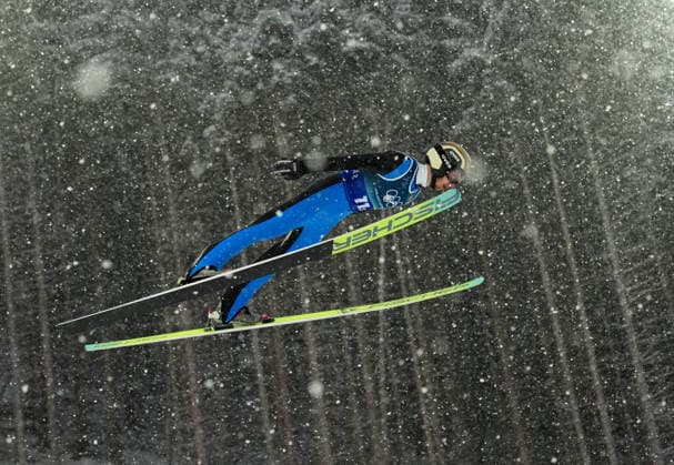 (260219) -- PREDAZZO, Feb. 19, 2026 -- Ilkka Herola of Finland competes during the Ski jumping, Skispringen, Ski, nordisch trial round of the nordic combined team sprint at the 2026 Milan-Cortina Winter Olympics in Predazzo, Italy, Feb. 19, 2026. ) (MICO2026)ITALY-PREDAZZO-OLYMPIC Winter games, Winterspiele,Spiele, Summer games NORDIC COMBINED-TEAM SPRINT MengxYongmin 
