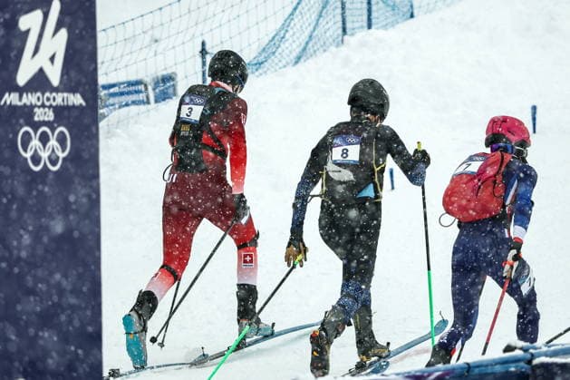 ITALY, LOMBARDY - FEBRUARY 19, 2026: Arno Lietha of Switzerland, Nikita Filippov of Russia and Pablo Giner Dalmasso (L-R) of France compete in the men s ski mountaineering sprint semifinals during the 2026 Winter Olympic Games, Olympische Spiele, Olympia, OS on the Stelvio slope of the Bormio Ski Resort in Bormio, Province of Sondrio. Mikhail Tereshchenko TASS  88944980